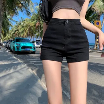 Reta Shorts Mulheres de Cintura Alta Jeans Slim-fit Sexy Primavera Verão Elasticidade de Todos-jogo de Streetwear Botões Sólido Quente Meninas
