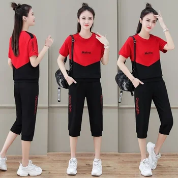Mulheres Casual Terno de Verão 2023 Nova coreano Mostrar Slim Crop Tops E o Bezerro-Calças de Comprimento 2 Duas Conjunto de peças de Moda Sportswear Capris