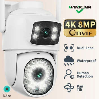 WINICAM 4K de 8MP Wifi Câmera PTZ Duplo Exterior Telas de Detecção Humana Dual Lentes de 4MP de Segurança de Proteção da Câmera do IP de Áudio iCSee