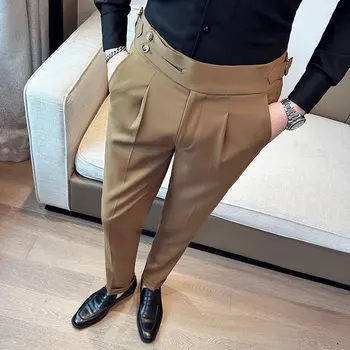 Nápoles Homens Puro Cintura Alta Casual Terno Calças Cinto De Novo Design Slim Fit Calças Estilo Britânico De Negócios Sociais Vestido Formal Calças