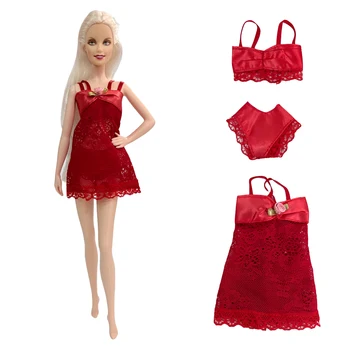 NK Oficial 1 Conjunto Vermelho Pijama Roupa roupa interior Lingerie Sutiã Vestido de Renda Homewear Roupas para a Boneca Barbie Acessórios Brinquedos