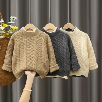 Meninos de Lã do Suéter de Crochê de Algodão, Tricô 2023 Graciosa Quente Engrossar Veludo Inverno Outono de Roupas para Crianças