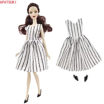 Branco Listra Vertical Vestido para a Boneca Barbie Moda Roupas Simples e sem Mangas Vestido de Sapatos de 1/6 Casa de bonecas Acessórios de Brinquedos de Meninas