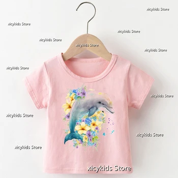2024 Chegada Nova Tshirt De Crianças Diversão Dolphin Animais Dos Desenhos Animados De Impressão Meninas T-Shirts Da Moda De T-Shirt Bebê Kawaii Girls Roupas Cor-De-Rosa