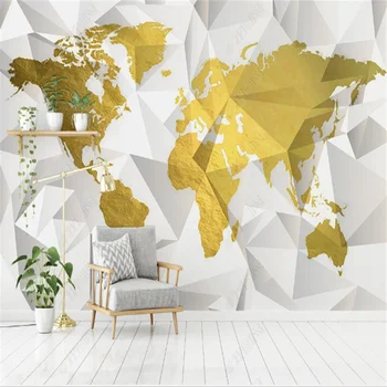Minimalista Folha de Ouro Mapa 3D Geométricas de papel de Parede para Viver RoomTV de Fundo, Papéis de Parede Decoração Home da Decoração Mural de Pintura