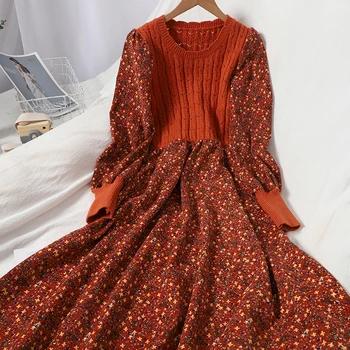 Vintage Elegante Maxi Vestidos para Mulheres de Retalhos de Malha, Vestidos Slim Curativo Túnica Longa de Moda Floral Vestido de Veludo