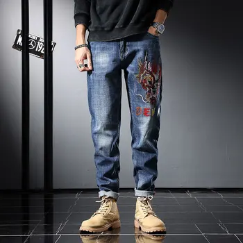 Outono Rua Nova Tendência dos Homens de Moda Jeans Bordados Slim-Fit Meados de Cintura Pequenas Pernas Hip Hop Casual Calças