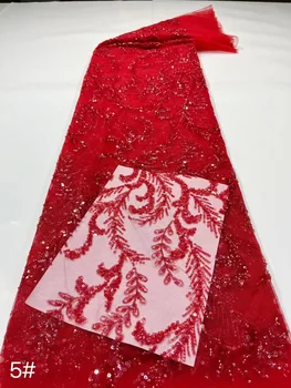 2023 Vermelho de Alta Qualidade, com Cercadura de Tule francês Nigeriano de Renda,3D Vestido de Lantejoulas Tecido do Laço Rendas francesas Tecidos