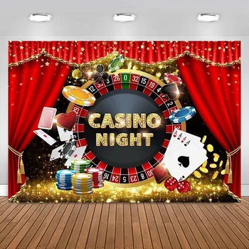 Uma Noite De Casino Pano De Fundo De Fichas De Poker De Mesa Giratória Dados Cortinas Vermelhas Las Vegas Fundo De Festa De Aniversário Banner Decorações De Fotografia