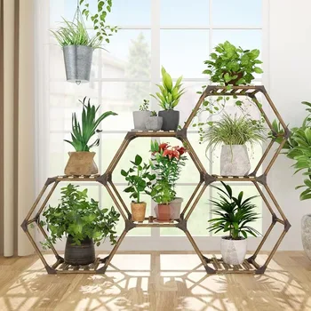Allinside Hexagonal do Estande de Plantas, 7 Camadas de Madeira ao ar livre Indoor Prateleira para as Plantas, Transformável Escada Titular