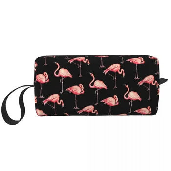 Flamingo Padrão Preto Grande Bolsa de Maquiagem Zíper Bolsa de Viagem, Sacos Cosméticos Saco de Armazenamento para Unisex