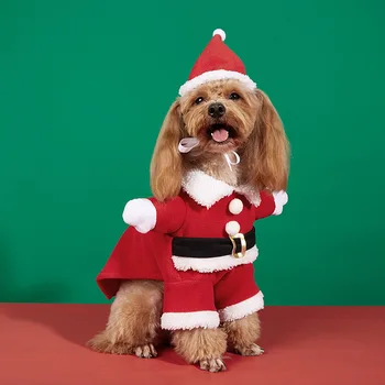 Natal Celebrações de Ano Novo animal de Estimação com Roupas de Inverno Clássica Fantasia de Papai Noel com Falso Mãos Para Cão Pequeno e Acessórios de Vestuário